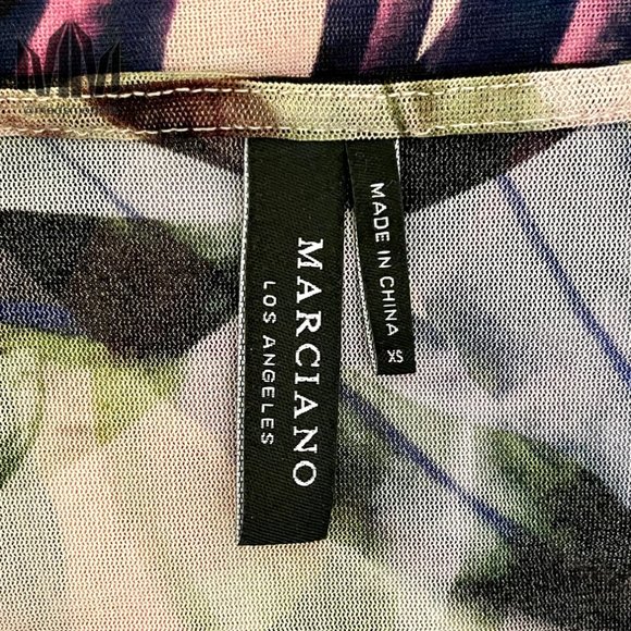Marciano l Pink Blue Green Tropical Monstera Leaf Print Mesh Long Sleeve Top - Picture 5 of 6